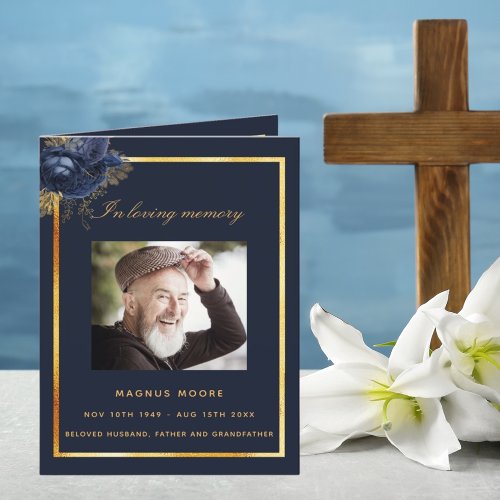 Blue gold photo elegant floral funeral program