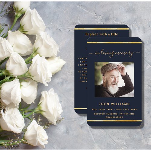Blue gold photo elegant funeral prayer card