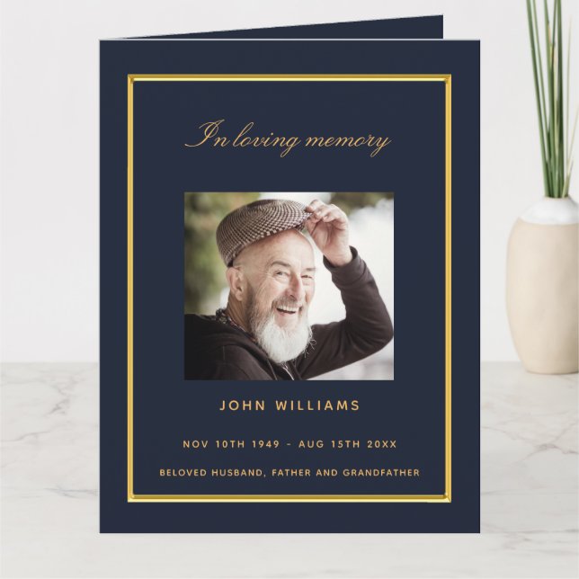 Blue gold photo elegant funeral program (Front)