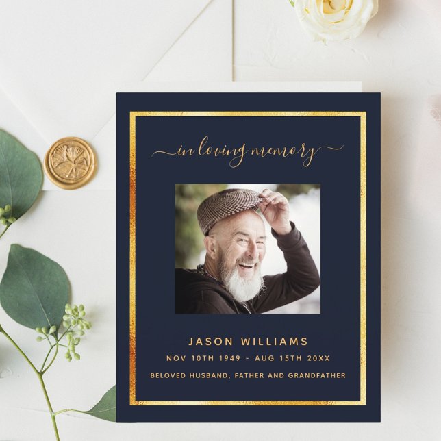 Blue gold photo elegant funeral program (Creator Uploaded)