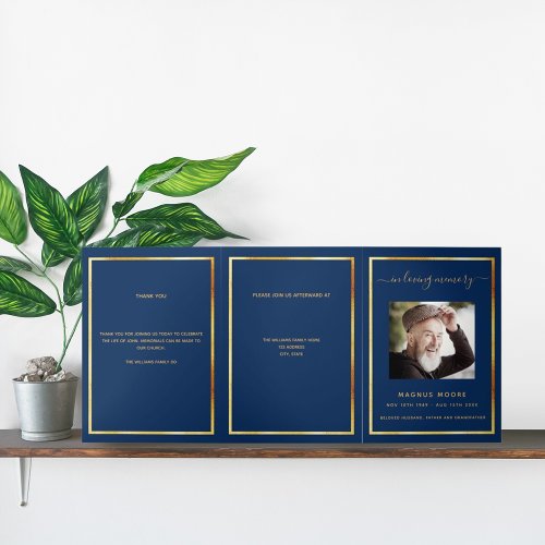 Blue gold photo elegant tri_fold funeral program