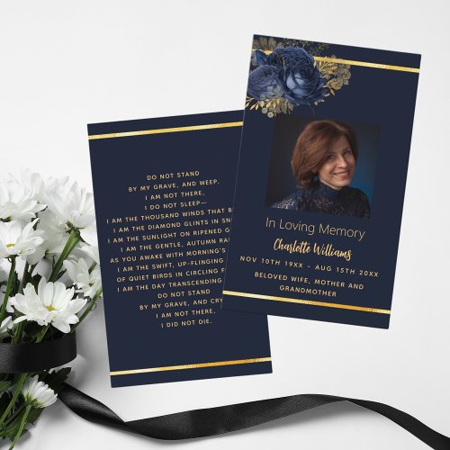 Blue gold photo floral funeral prayer card