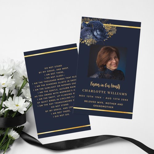 Blue gold photo floral funeral prayer card
