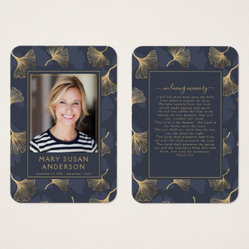 Blue Gold Photo Funeral Memorial Prayer Card