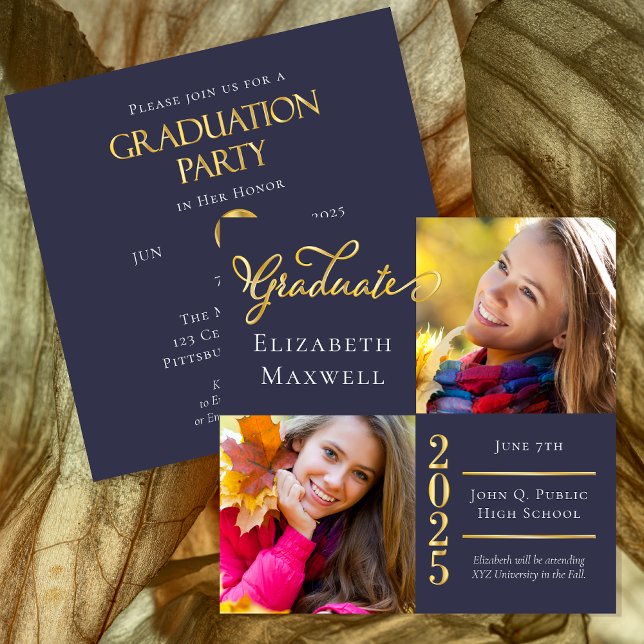 Blue | Gold Photo Graduation Announcement | Party (Blue and Gold Tone Two Photo High School Graduation Announcement and Party Invitation -Print Digital)