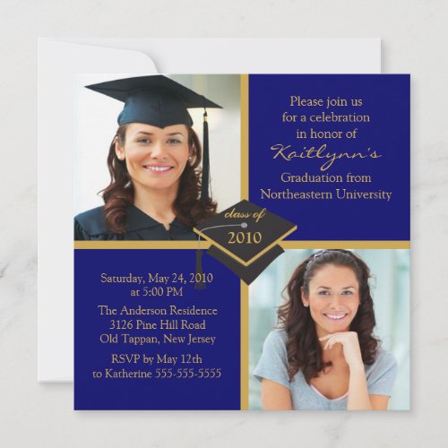 Blue  Gold Photo Graduation Invitation