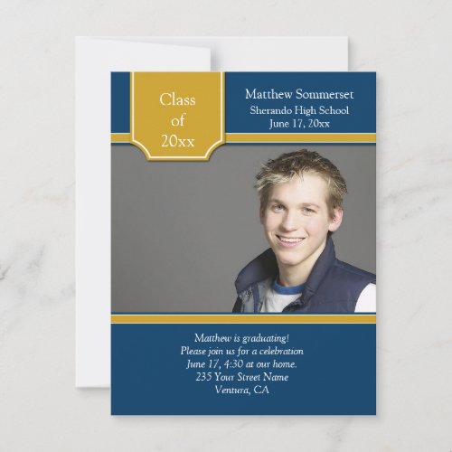Blue Gold Photo Graduation Invitation