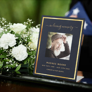 Blue gold photo memorial funeral pedestal sign
