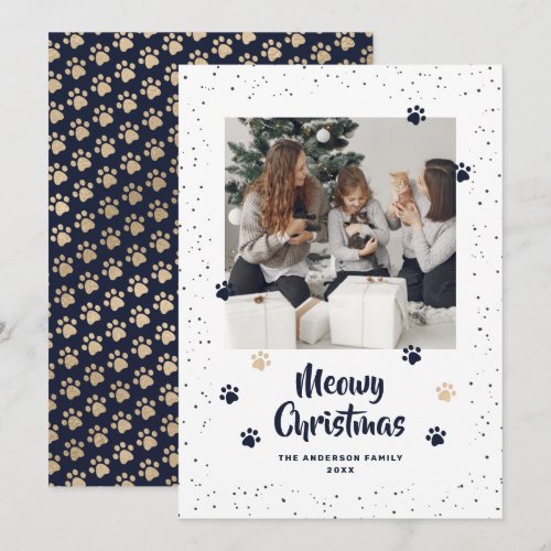 Blue Gold Photo Meowy Christmas Card
