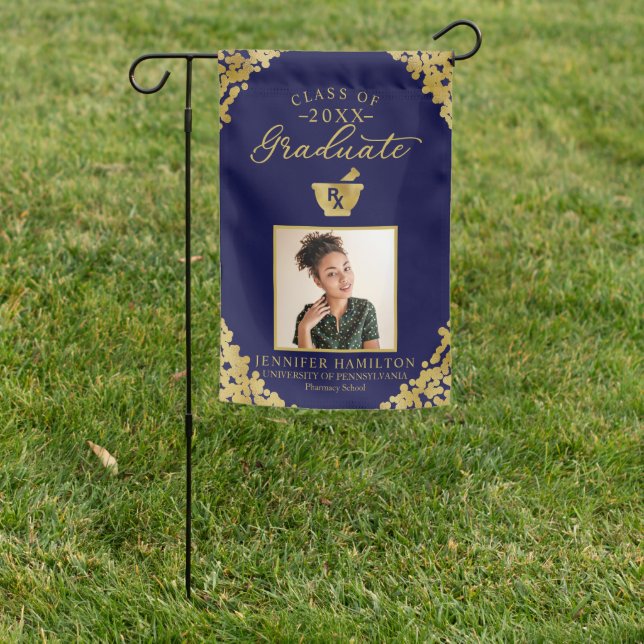Blue Gold Photo Pharmacy School Graduation Garden Flag (In SItu)