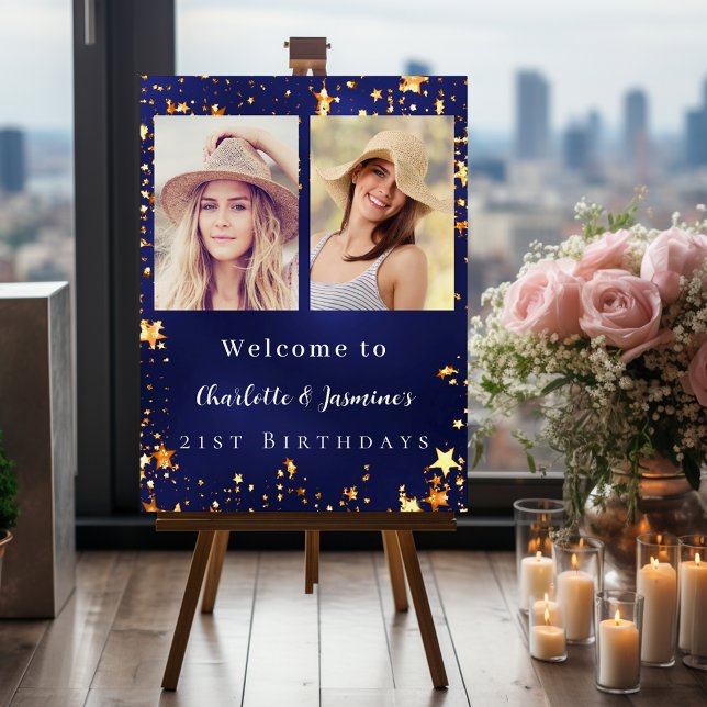 Blue gold photo stars 2 persons birthday welcome foam board (Creator Uploaded)