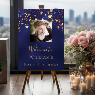 Blue gold photo stars welcome birthday foam board