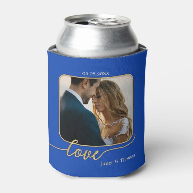 Blue Gold Photo Wedding Can Cooler (Can Front)