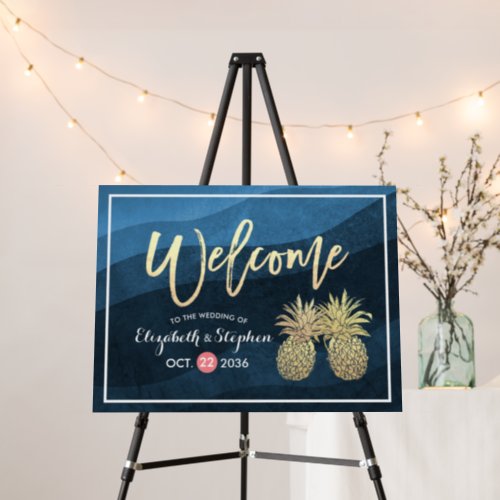 Blue  Gold Pineapples Couple Wedding Welcome Sign