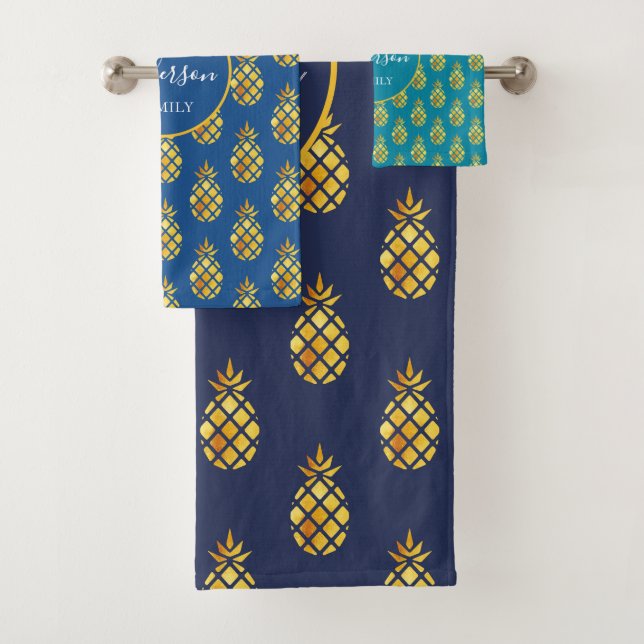 Blue gold pineapples green tropical family name bath towel set (Insitu)