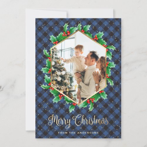 Blue Gold Plaid Watercolor Holly Photo Christmas Holiday Card