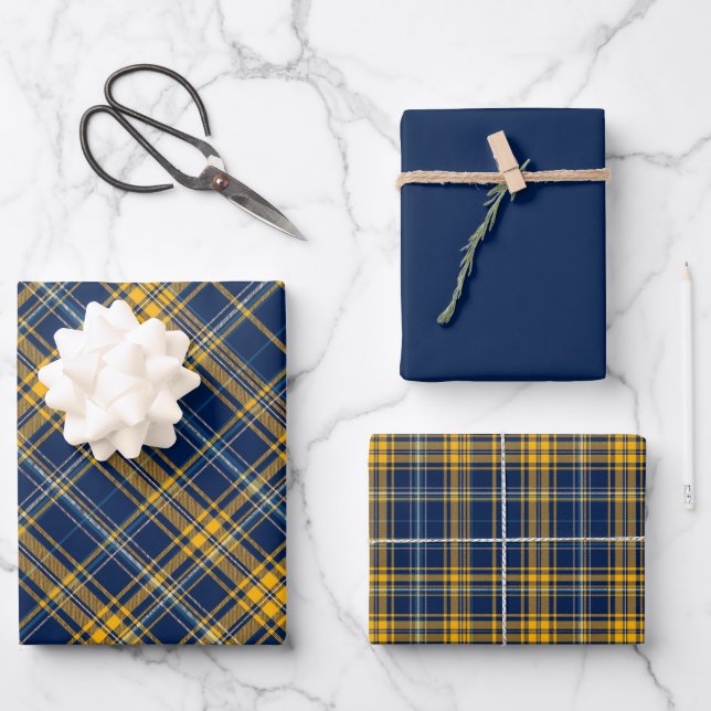 Blue & Gold Plaid Wrapping Paper Sheets (Front)