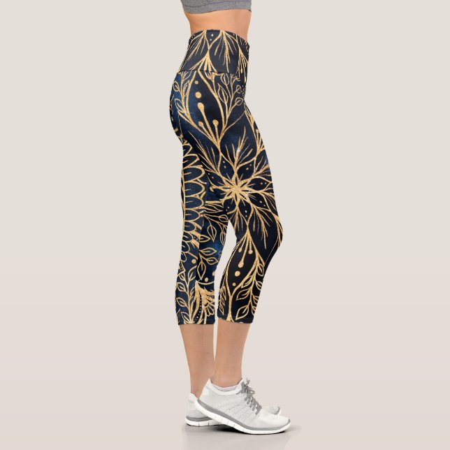 Blue Gold Poinsettia Flower Mandala Capri Leggings (Right)