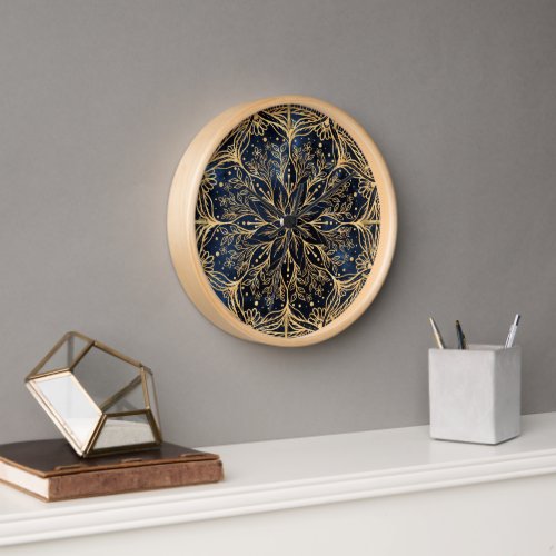 Blue Gold Poinsettia Flower Mandala Clock