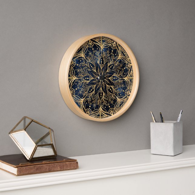 Blue Gold Poinsettia Flower Mandala Clock (Office)