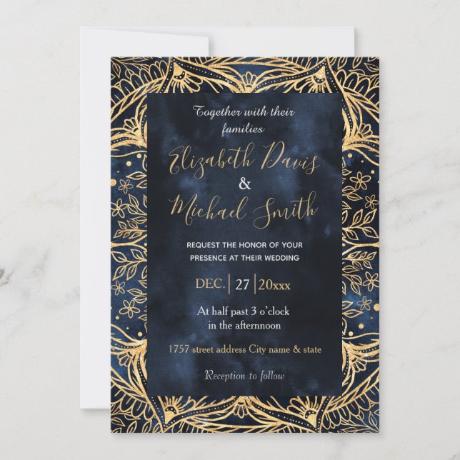 Blue Gold Poinsettia Flower Mandala Invitation (Front)