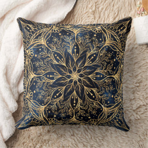 Blue Gold Poinsettia Flower Mandala Throw Pillow