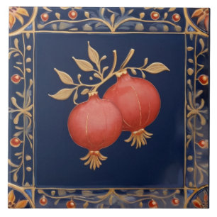 Blue & Gold Pomegranates Pink Red Pomegranate Ceramic Tile