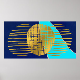 Blue Gold Poster Abstract Modern Collage Wall Art