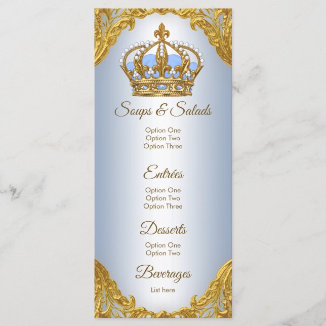 Blue Gold Prince Baby Shower Menu (Front)