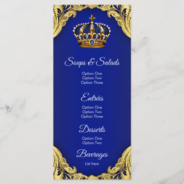 Blue Gold Prince Baby Shower Menus (Front)