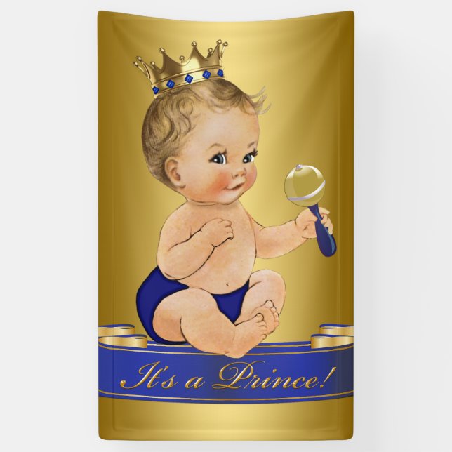 Blue Gold Prince Boy Baby Shower Banner (Vertical)