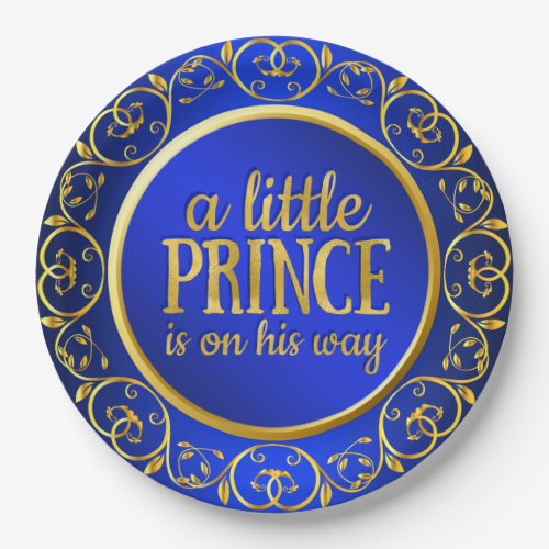 Blue Gold Prince Boy Baby Shower Paper Plates