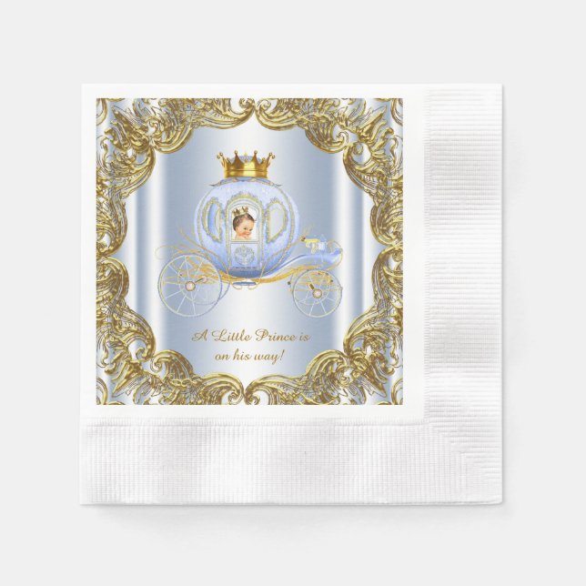 Blue Gold Prince Carriage Prince Baby Shower Paper Napkins (Front)