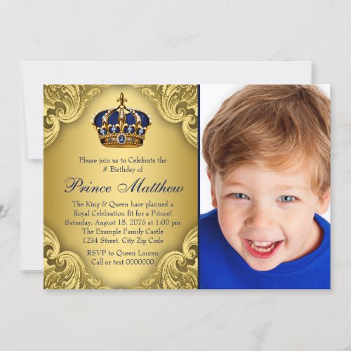 Blue Gold Prince Crown Prince Birthday Party Invitation