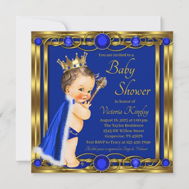 Blue Gold Prince Jewel Baby Shower Invitation (Front)
