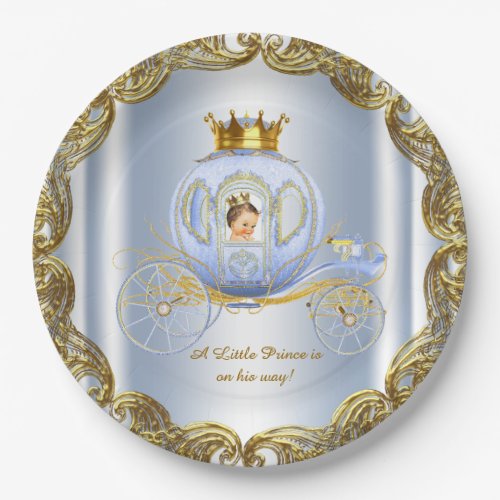 Blue Gold Prince Royal Carriage Prince Baby Shower Paper Plates