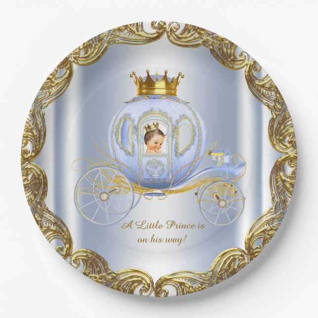 Blue Gold Prince Royal Carriage Prince Baby Shower Paper Plates (Front)
