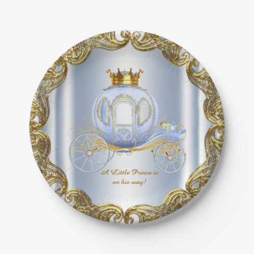 Blue Gold Prince Royal Carriage Prince Baby Shower Paper Plates