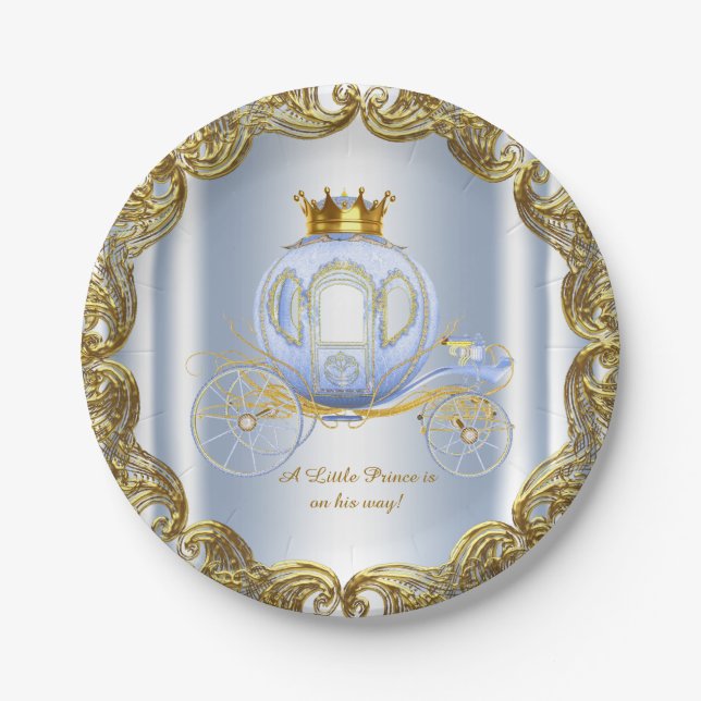 Blue Gold Prince Royal Carriage Prince Baby Shower Paper Plates (Front)