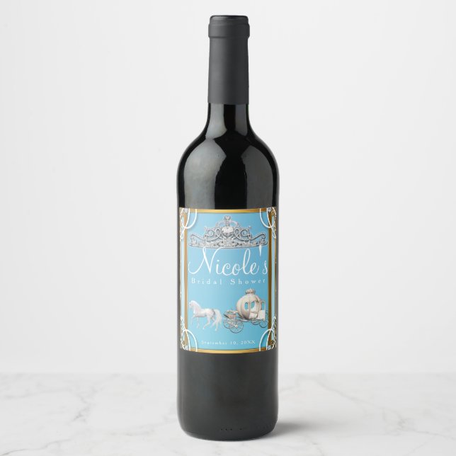 Blue Gold Princess Crown Carriage Fairy Tale Wine Wine Label (Front)