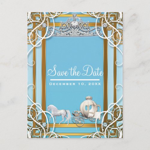 Blue Gold Princess Crown  Carriage Save the Date Announcement Postcard