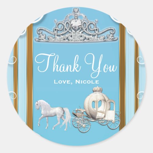 Blue Gold Princess Crown  Carriage Sweet 16 Party Classic Round Sticker