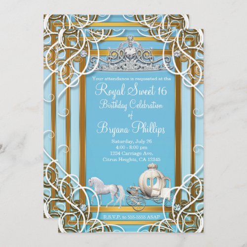 Blue Gold Princess Crown  Carriage Sweet 16 Party Invitation