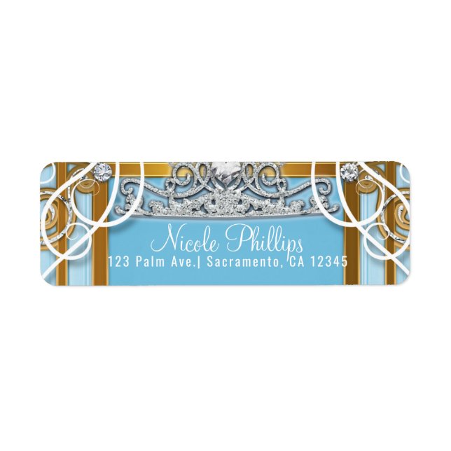 Blue Gold Princess Crown & Carriage Sweet 16 Party Label (Front)