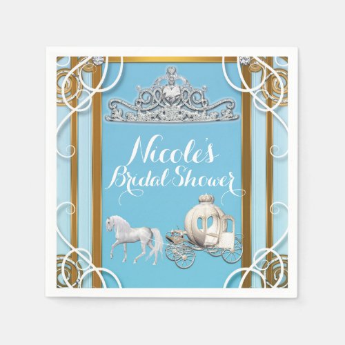 Blue Gold Princess Crown  Carriage Sweet 16 Party Paper Napkins