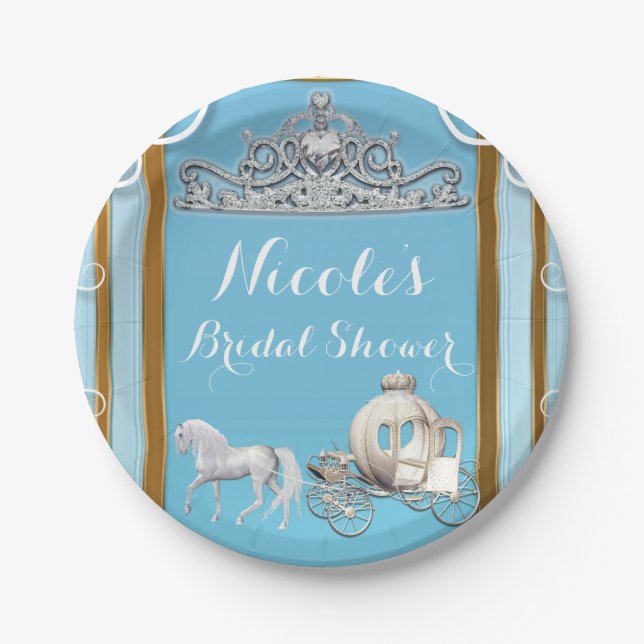 Blue Gold Princess Crown & Carriage Sweet 16 Party Paper Plates (Front)