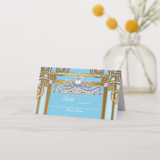 Blue & Gold Princess Crown Tiara Party Seating Place Card (Back)