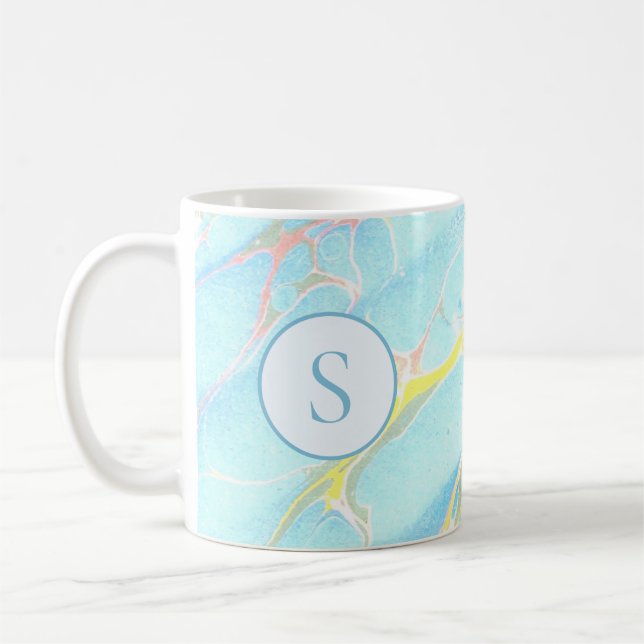 Blue Gold Printed Marble Pattern Custom Monogram Coffee Mug (Left)