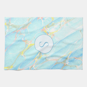 Blue Gold Printed Marble Pattern Custom Monogram Kitchen Towel