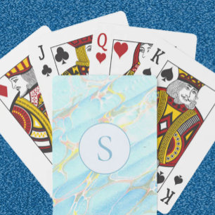 Blue Gold Printed Marble Pattern Custom Monogram Poker Cards